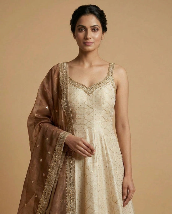 Off White Tissue Anarkali Gown with Embroidered Flare