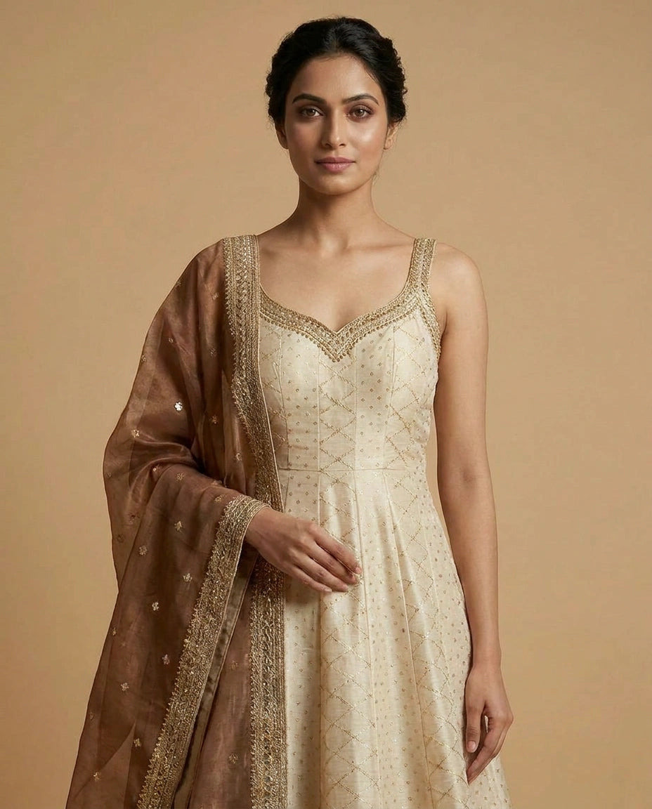 Tissue Anarkali Gown with Embroidered Flared Silhouette - Rangoli India