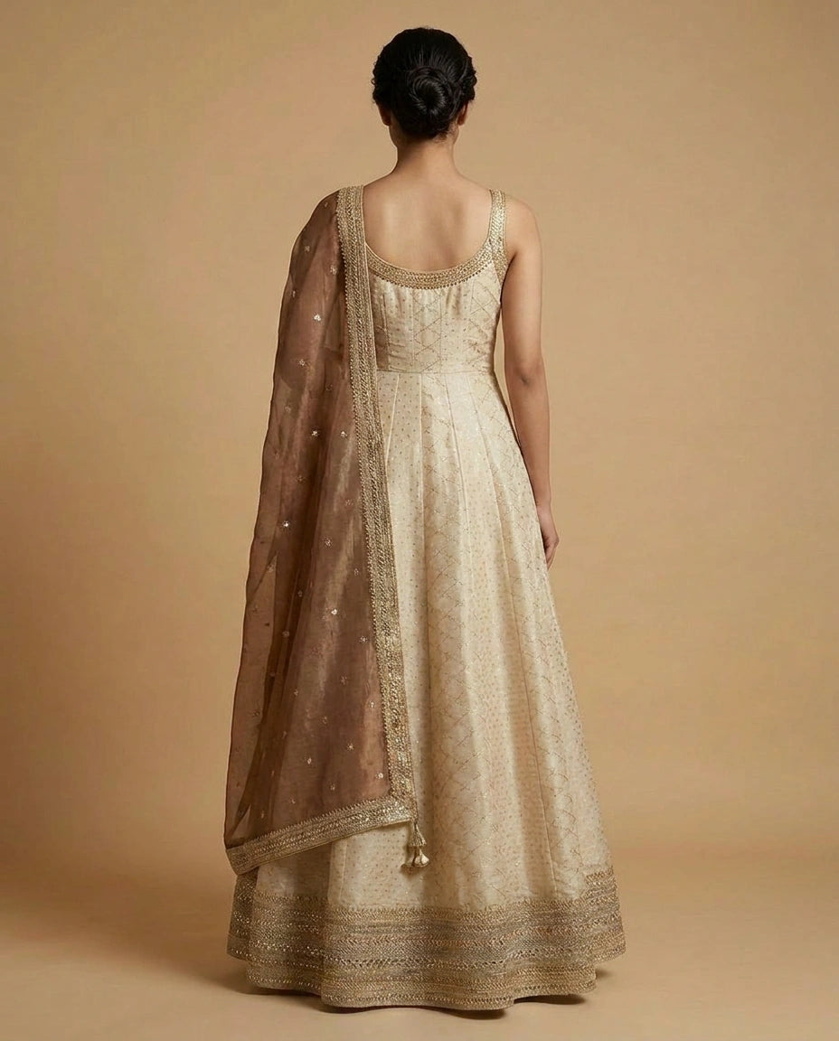 Tissue Anarkali Gown with Embroidered Flared Silhouette - Rangoli India