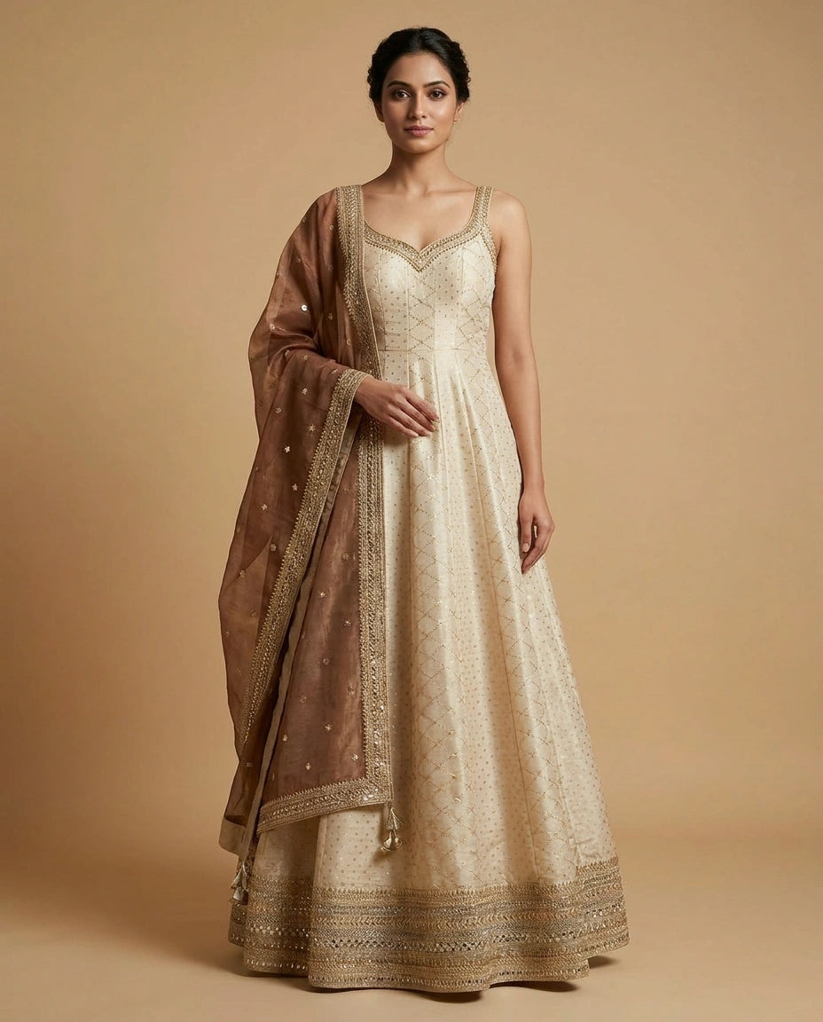 Tissue Anarkali Gown with Embroidered Flared Silhouette - Rangoli India