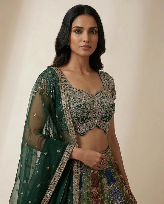 Mehandi/Blue Dola Silk Lehenga Set with Flared Lehenga view 2