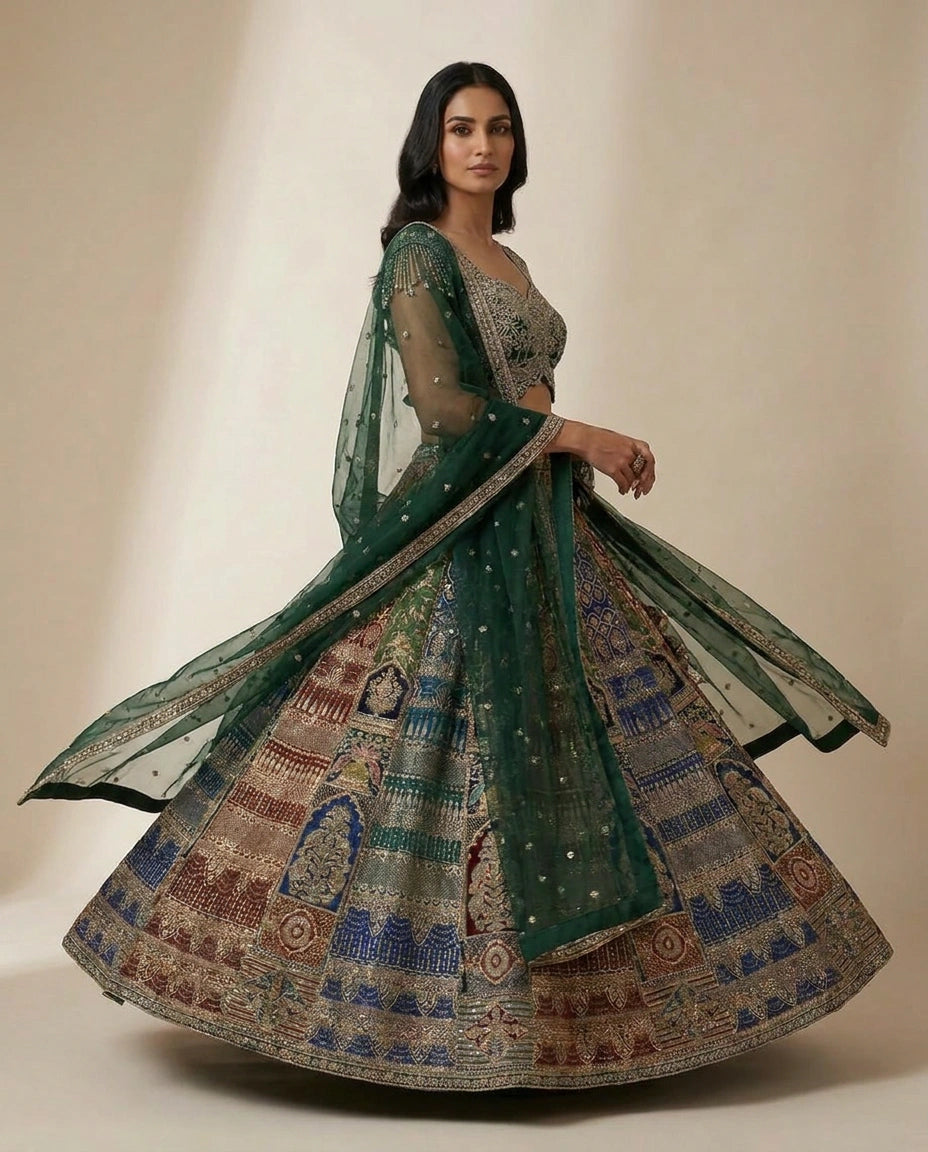Mehandi/Blue Dola Silk Lehenga Set with Flared Lehenga view 3