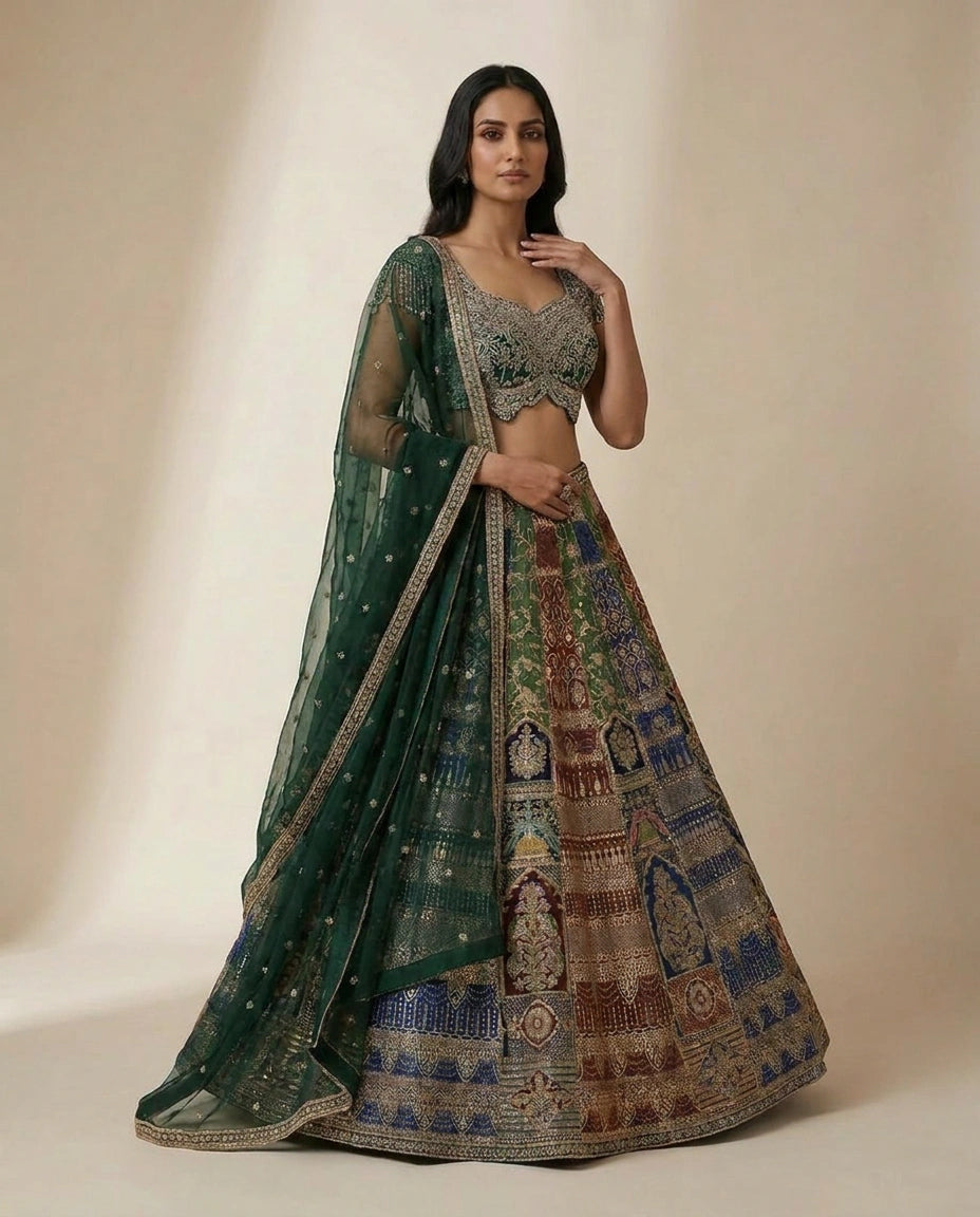 Mehandi/Blue Dola Silk Lehenga Set with Flared Lehenga view 4