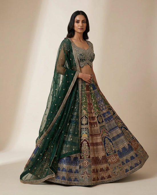 Mehandi/Blue Dola Silk Lehenga Set with Flared Lehenga - Rangoli India