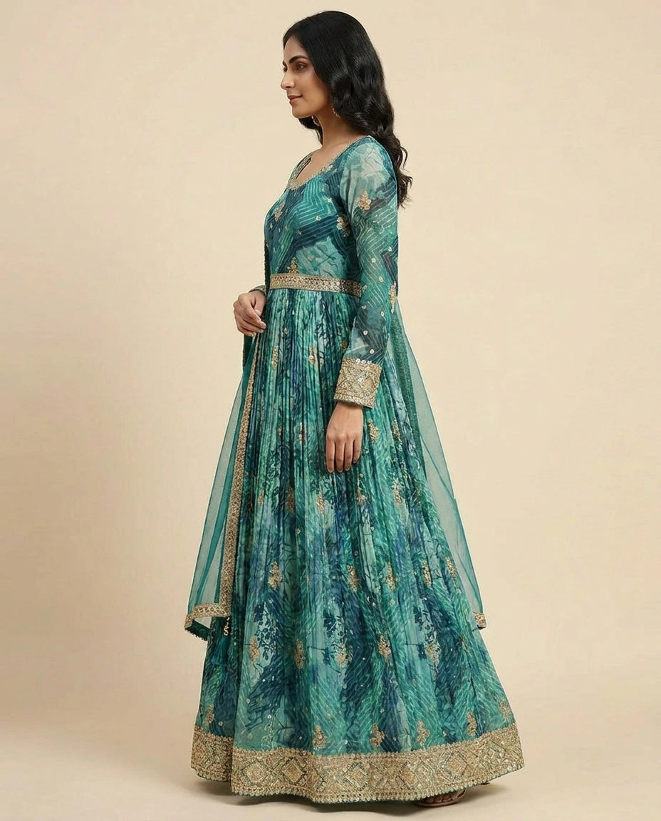 Rani Green Chinon Side Slit Suit Set for Party Wear