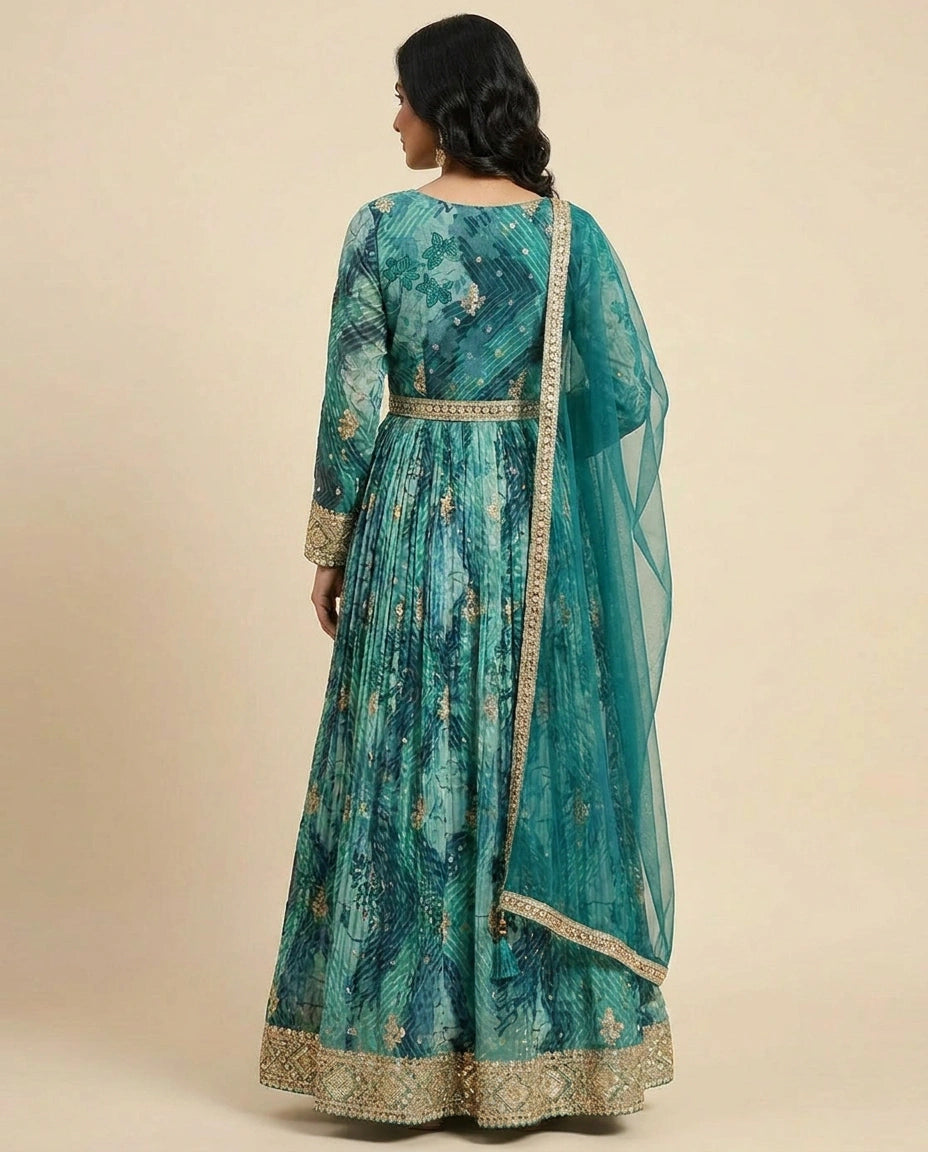 Rani Green Chinon Side Slit Suit Set for Party Wear