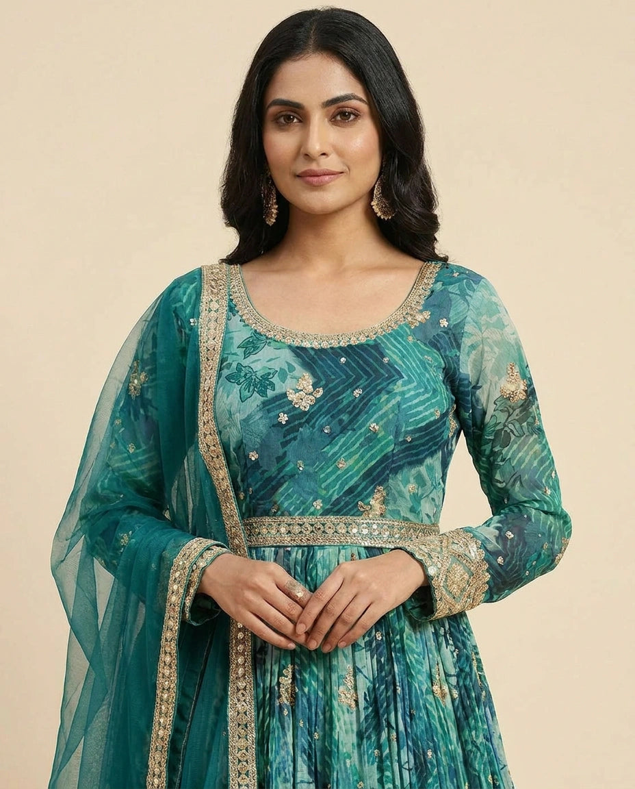 Rani Green Chinon Side Slit Suit Set for Party Wear