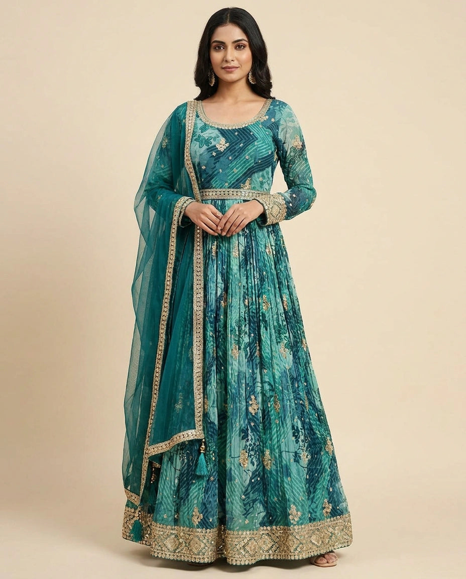 Rani Green Chinon Side Slit Suit Set for Party Wear