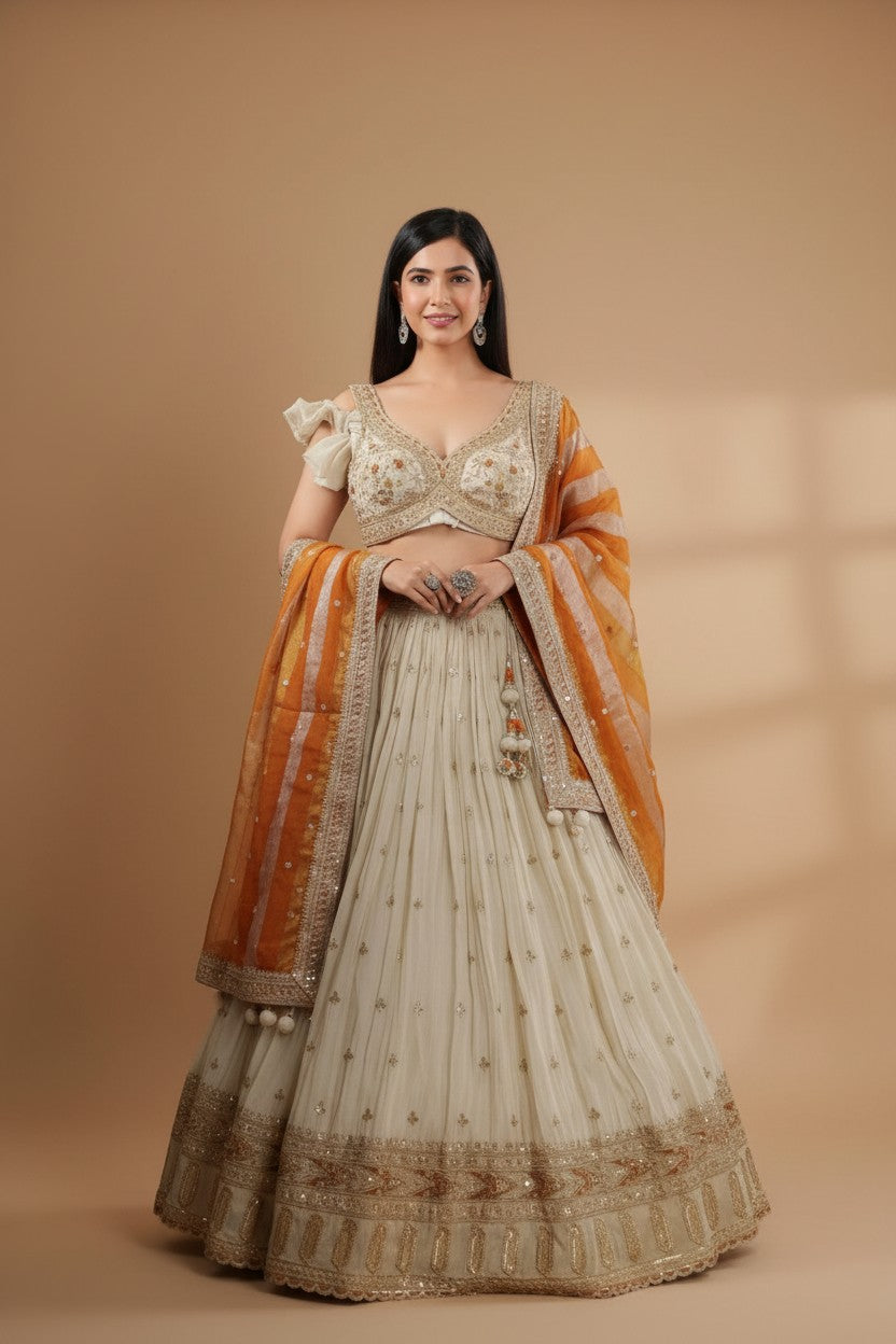 Designer Tissue Lehenga Crop Top Set - Pista Green | Rangoli