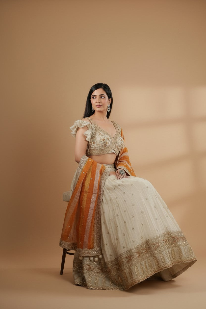 Designer Tissue Lehenga Crop Top Set - Beige | Rangoli