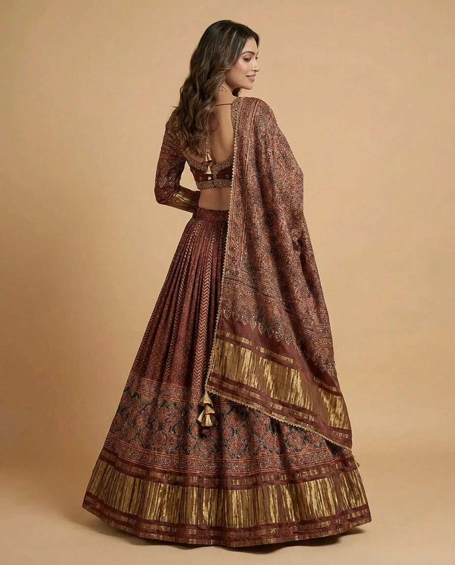 Satin Croptop Lehenga with Tonal Sequin Embroidered Skirt - Rangoli India
