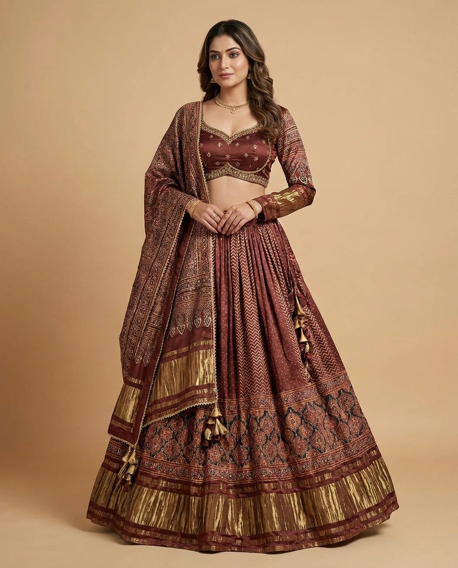 Satin Croptop Lehenga with Tonal Sequin Embroidered Skirt - Rangoli India