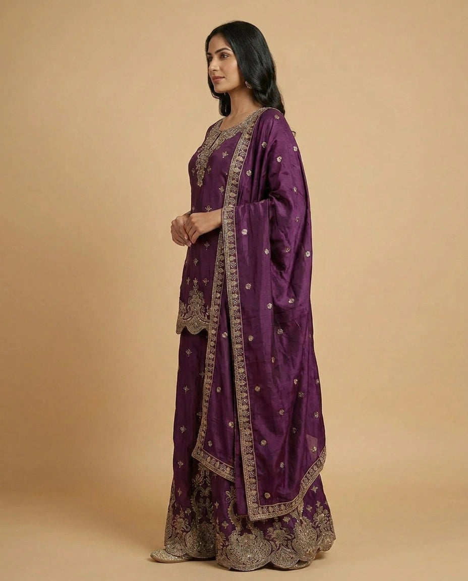 Chinon Silk Sharara Suit with Resham Thread Embroidery for Women - Rangoli India