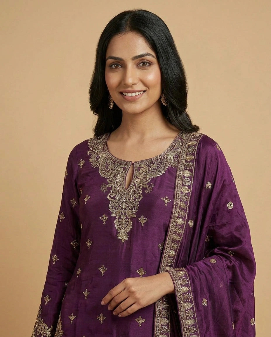 Chinon Silk Sharara Suit with Resham Thread Embroidery for Women - Rangoli India