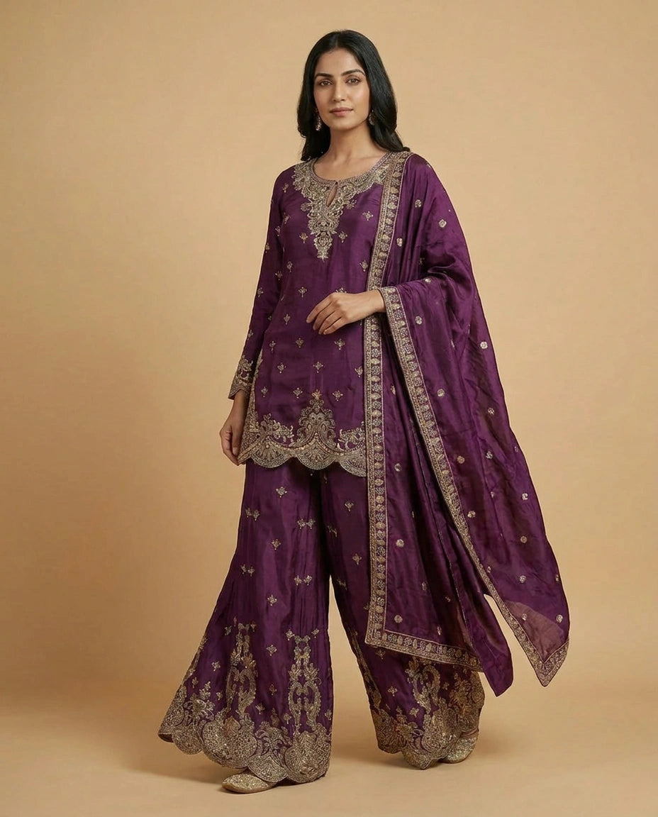 Chinon Silk Sharara Suit with Resham Thread Embroidery for Women - Rangoli India