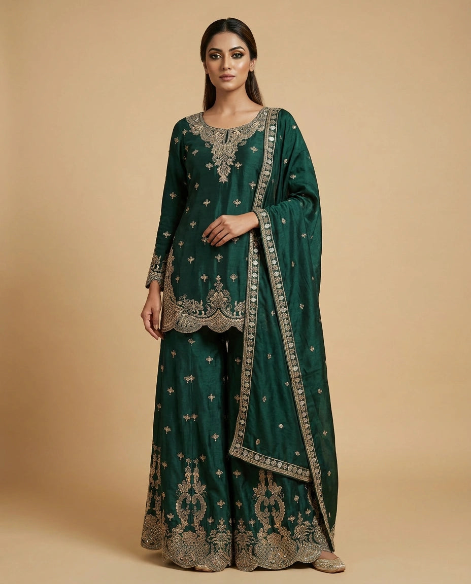 Chinon Silk Sharara Suit with Resham Thread Embroidery for Women - Rangoli India