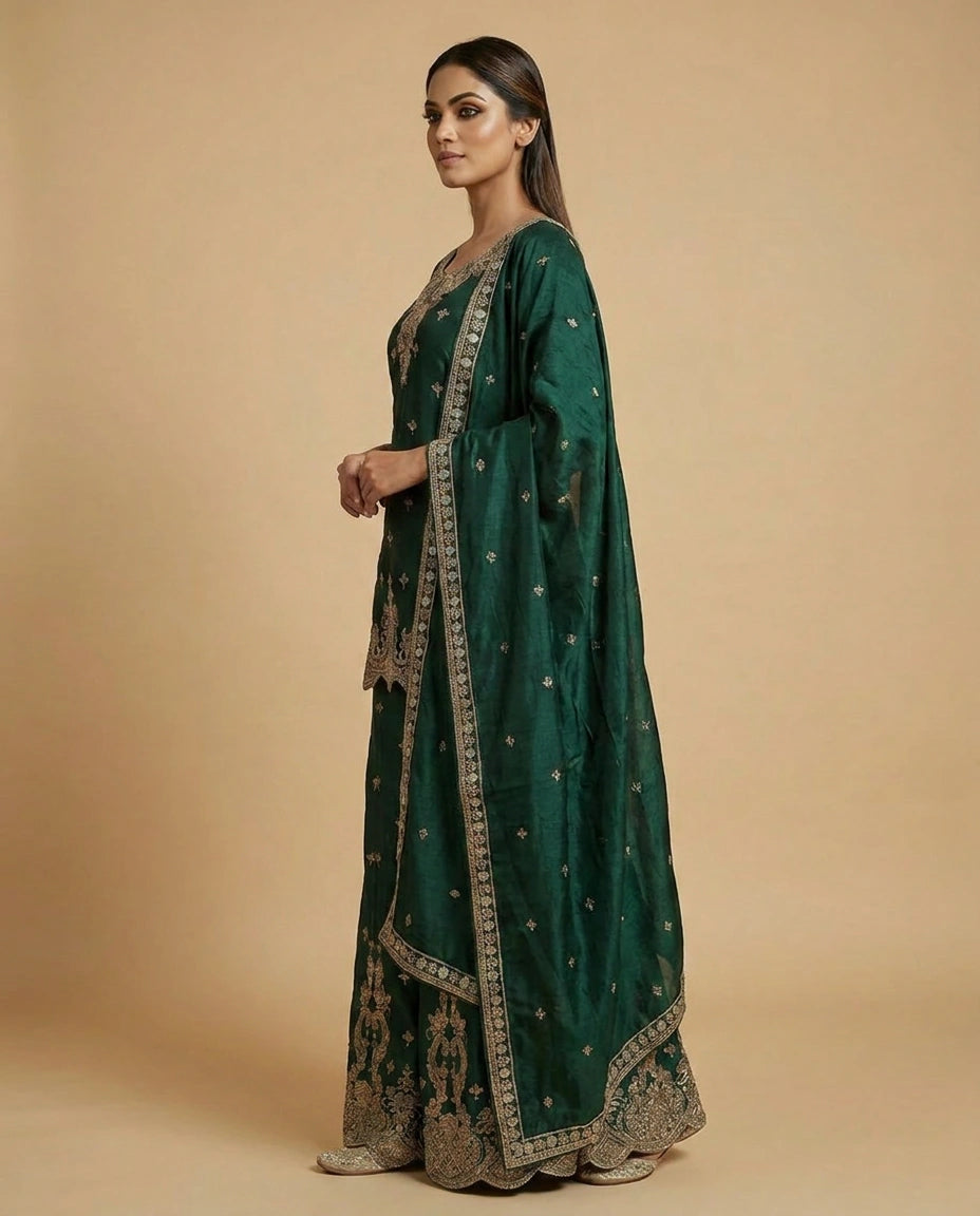 Chinon Silk Sharara Suit with Resham Thread Embroidery for Women - Rangoli India