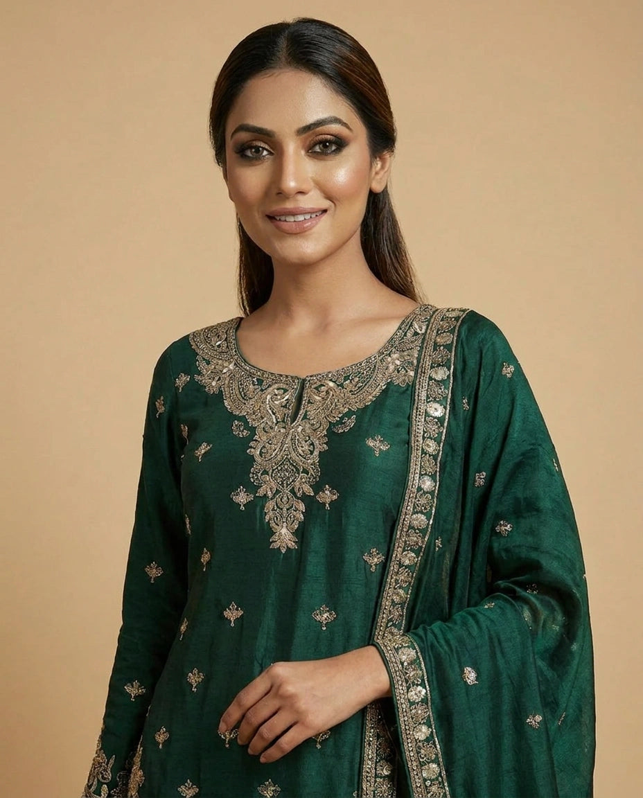 Chinon Silk Sharara Suit with Resham Thread Embroidery for Women - Rangoli India