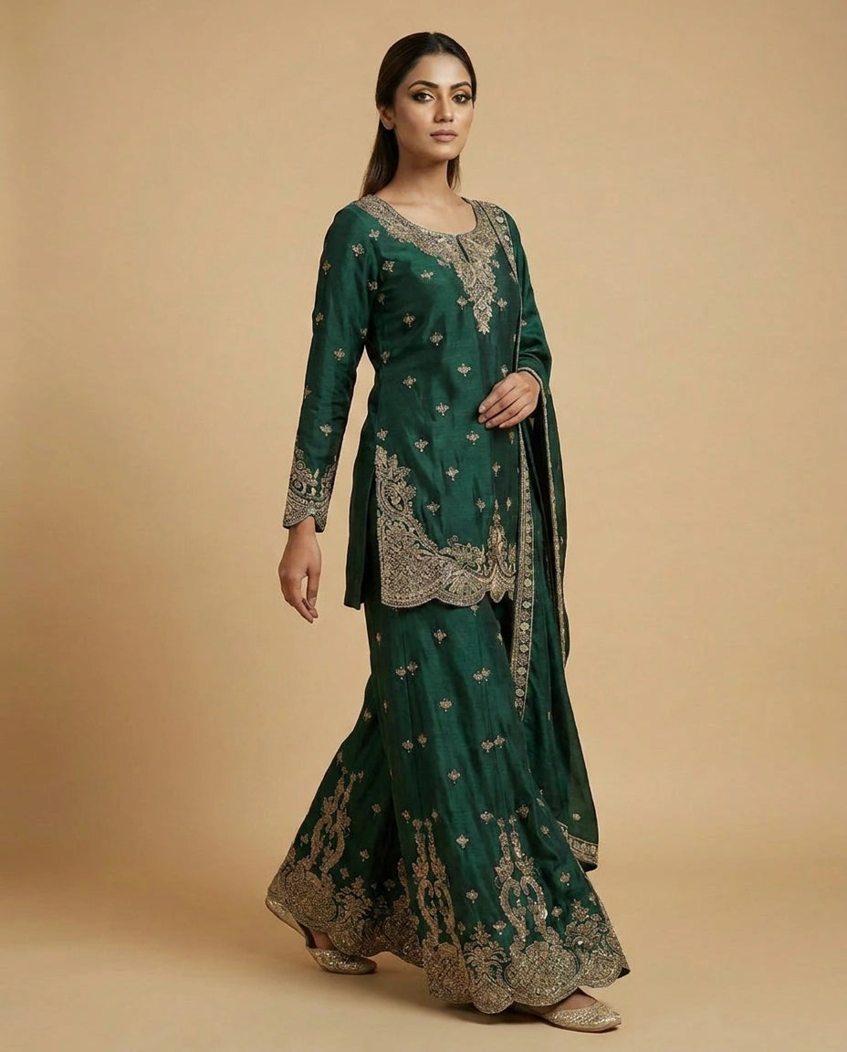 Chinon Silk Sharara Suit with Resham Thread Embroidery for Women - Rangoli India