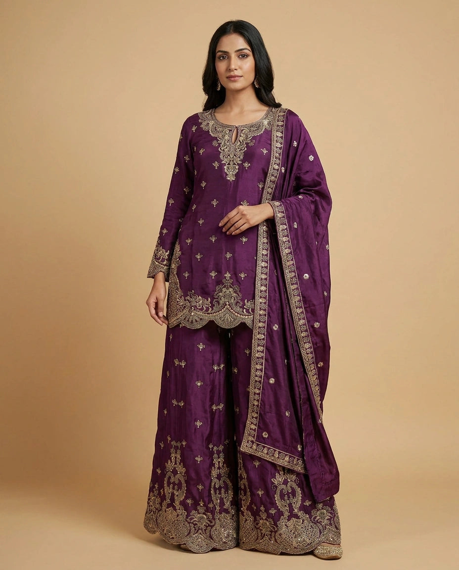 Chinon Silk Sharara Suit with Resham Thread Embroidery for Women - Rangoli India