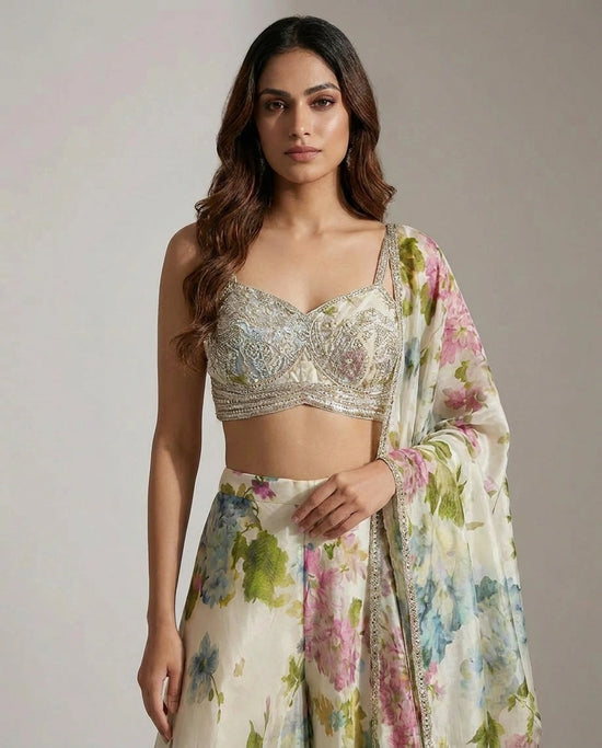Off White/Green Tissue Choli Palazzo Set with Choli and Palazzo - Rangoli India