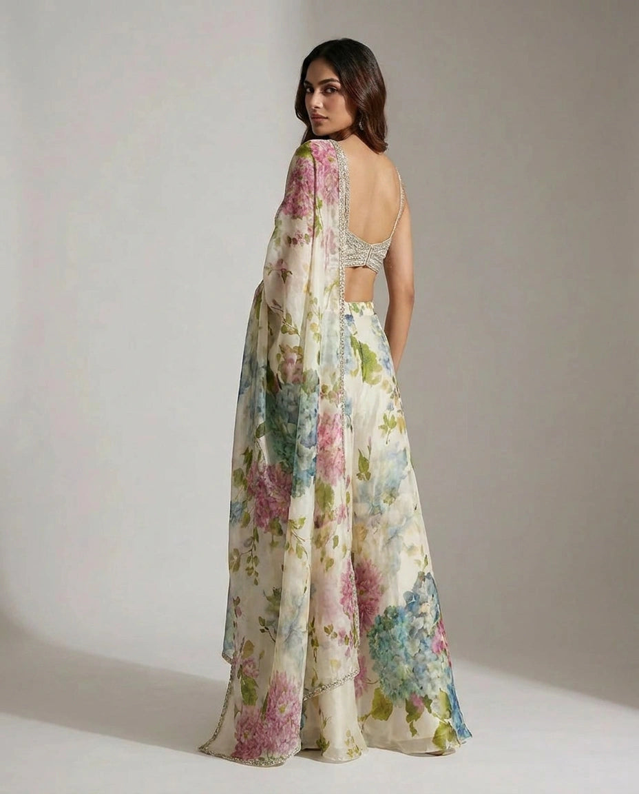 Off White/Green Tissue Choli Palazzo Set with Choli and Palazzo view 2