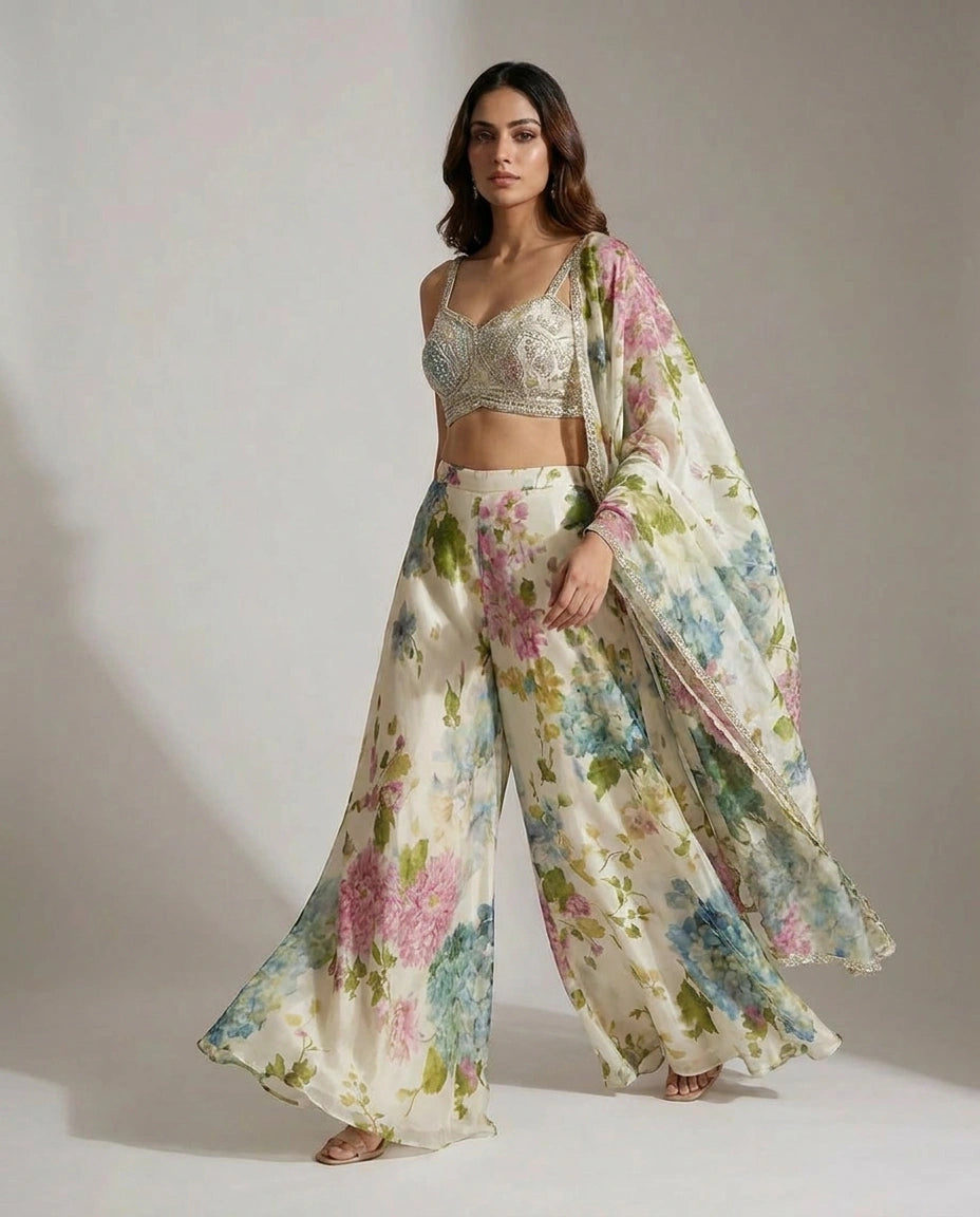 Off White/Green Tissue Choli Palazzo Set with Choli and Palazzo view 3