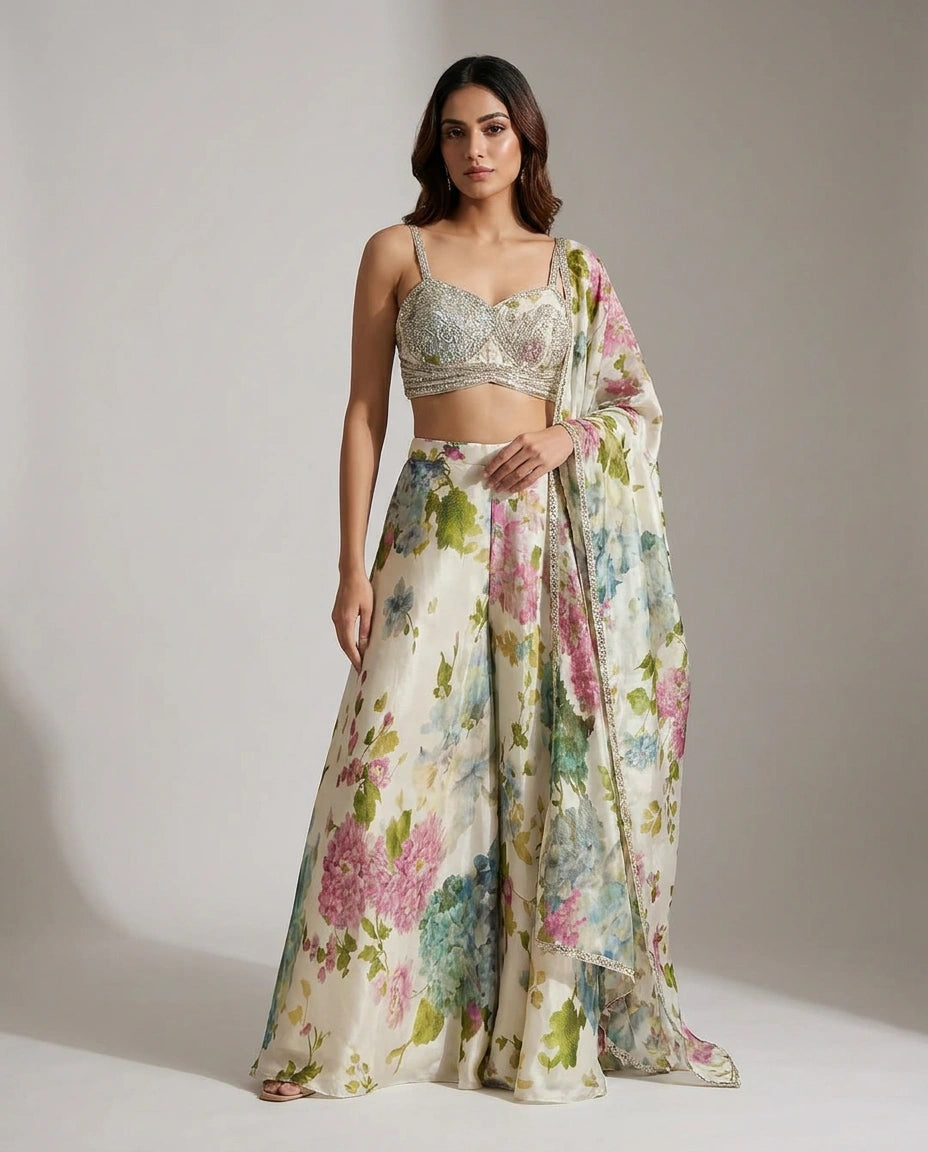 Off White/Green Tissue Choli Palazzo Set with Choli and Palazzo view 4