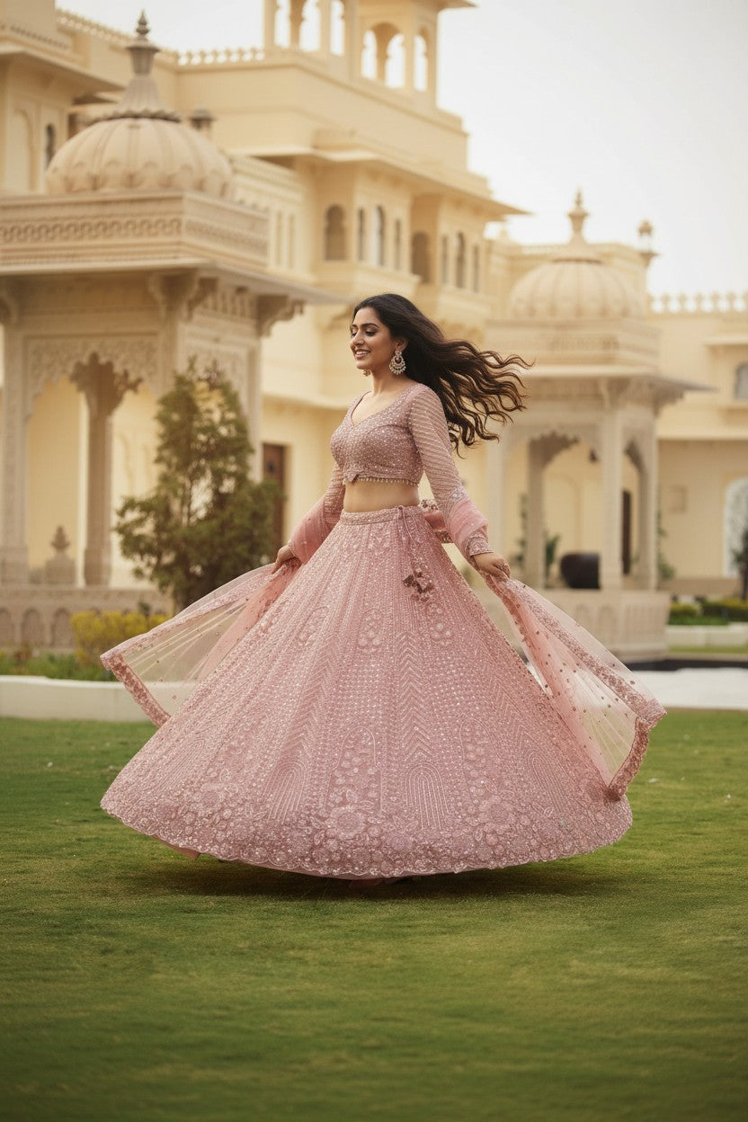 Pink Net Lehenga Set with Zari Work for Reception Night