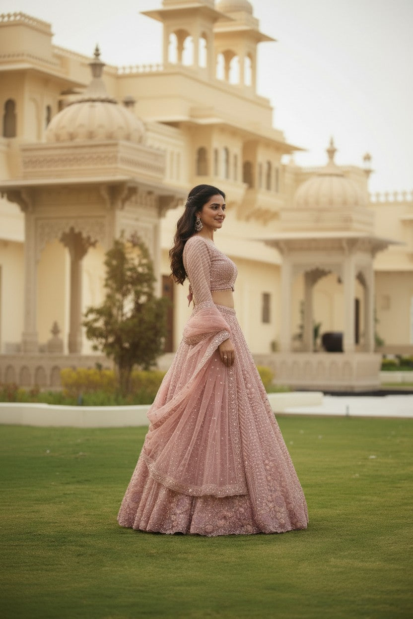 Pink Net Lehenga Set with Zari Work for Reception Night