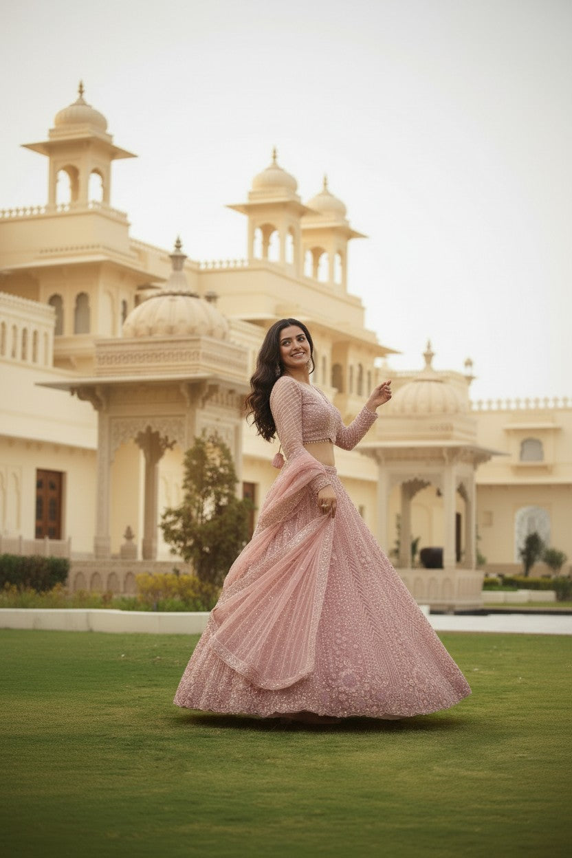 Pink Net Lehenga Set with Zari Work for Reception Night