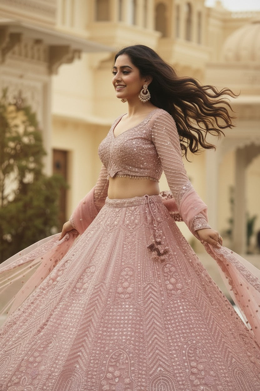 Pink Net Lehenga Set with Zari Work for Reception Night