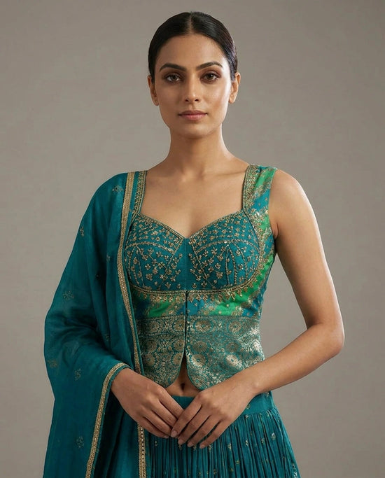 Turquoise Blue Georgette Croptop Lehenga with Peplum Croptop view 2
