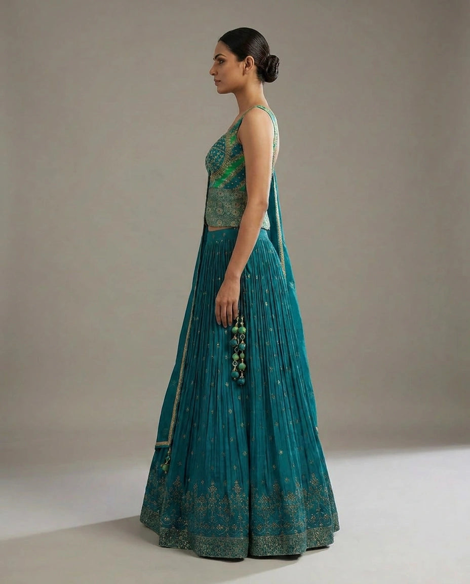 Turquoise Blue Georgette Croptop Lehenga with Peplum Croptop view 3