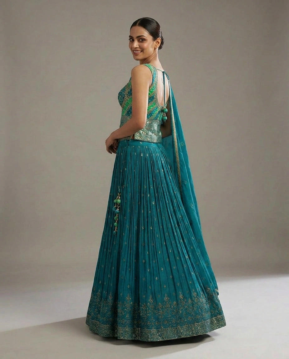 Turquoise Blue Georgette Croptop Lehenga with Peplum Croptop view 4