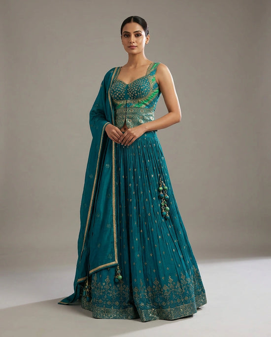 Turquoise Blue Georgette Croptop Lehenga with Peplum Croptop - Rangoli India