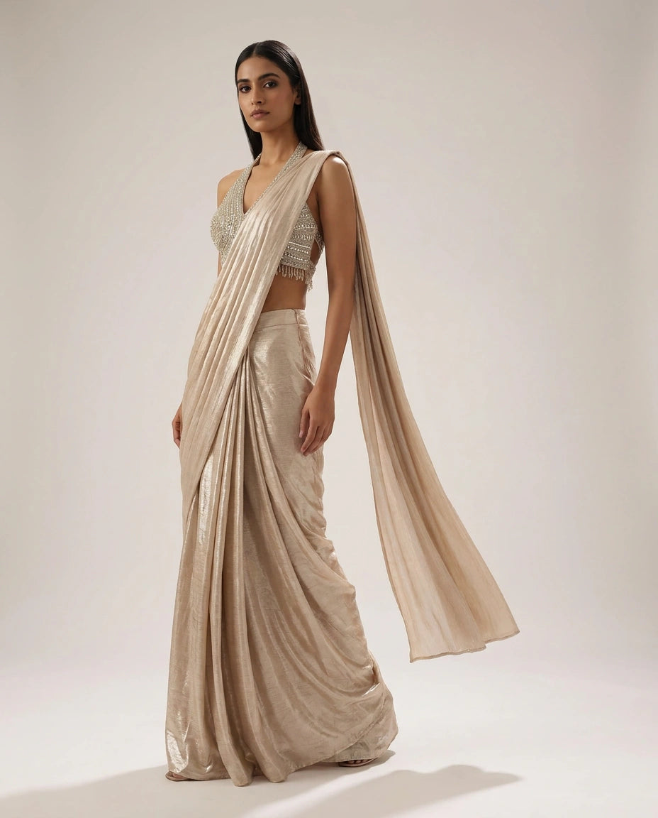 Tissue Designer Saree with Pre-Draped Pleats for Festive Wear view 4