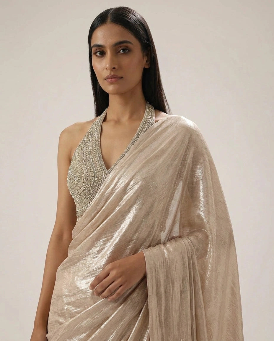Tissue Designer Saree with Pre-Draped Pleats for Festive Wear view 5