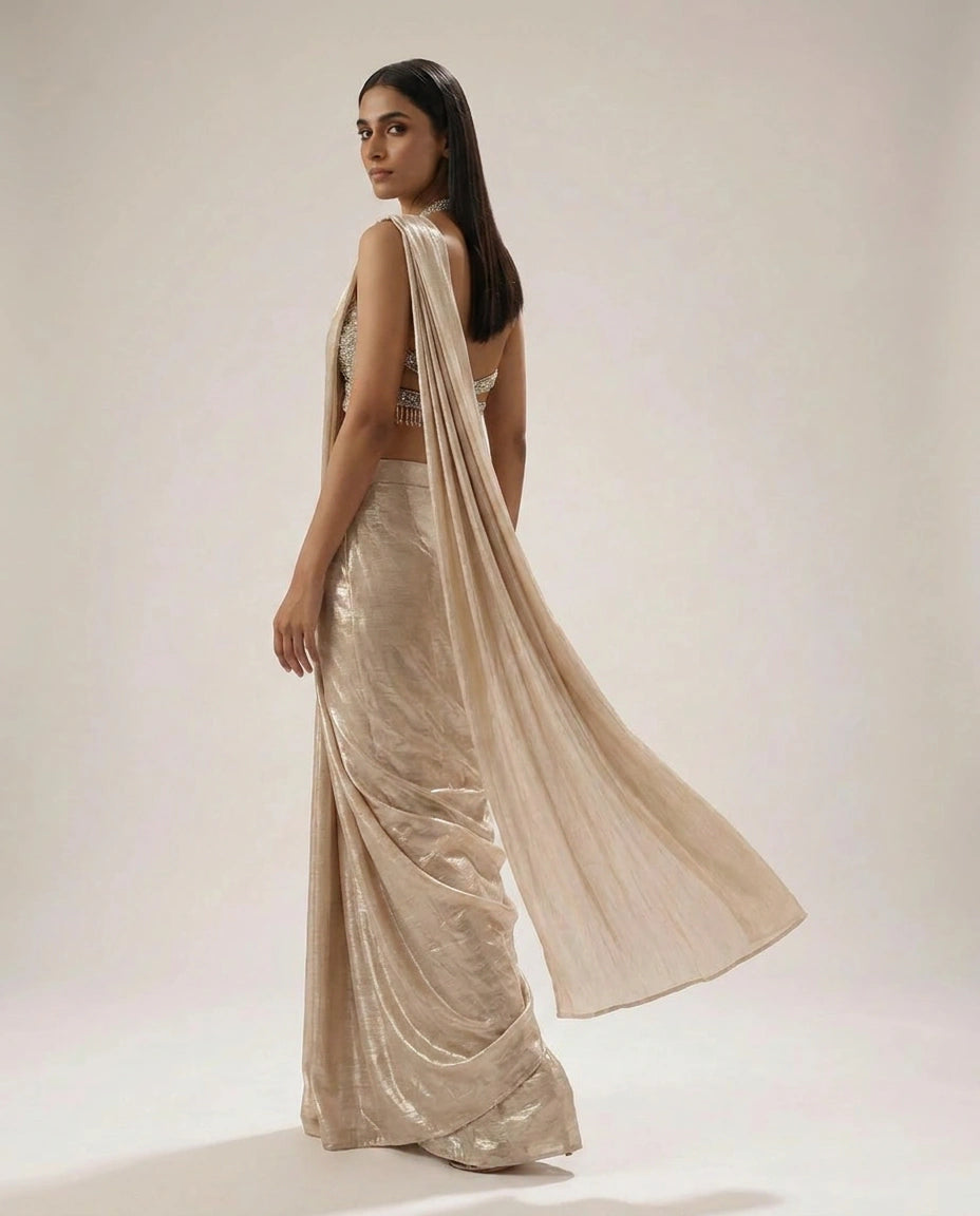 Tissue Designer Saree with Pre-Draped Pleats for Festive Wear view 6