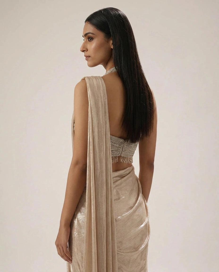 Tissue Designer Saree with Pre-Draped Pleats for Festive Wear view 7