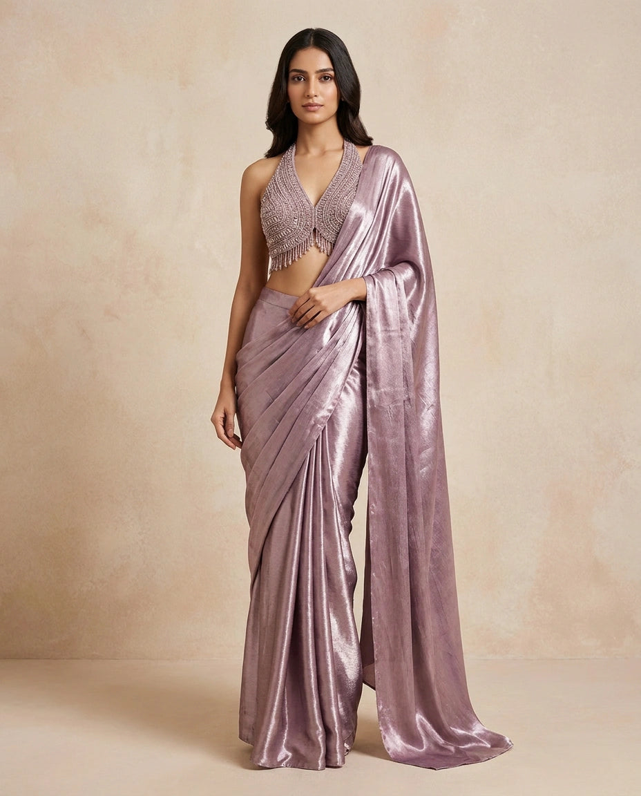 Tissue Designer Saree with Pre-Draped Pleats for Festive Wear view 8