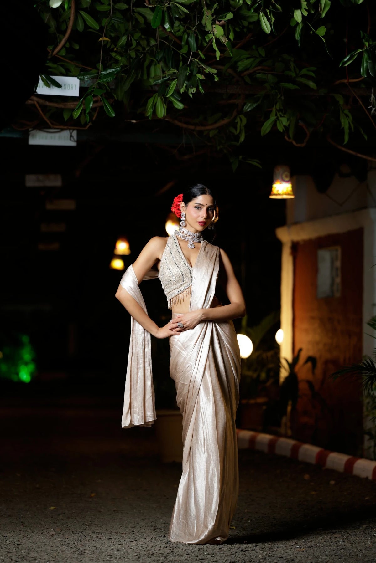 Tissue Saree with Embroidered Halter Blouse
