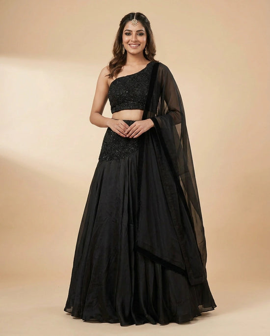 Chinon Croptop Lehenga with Layered Skirt - Rangoli India