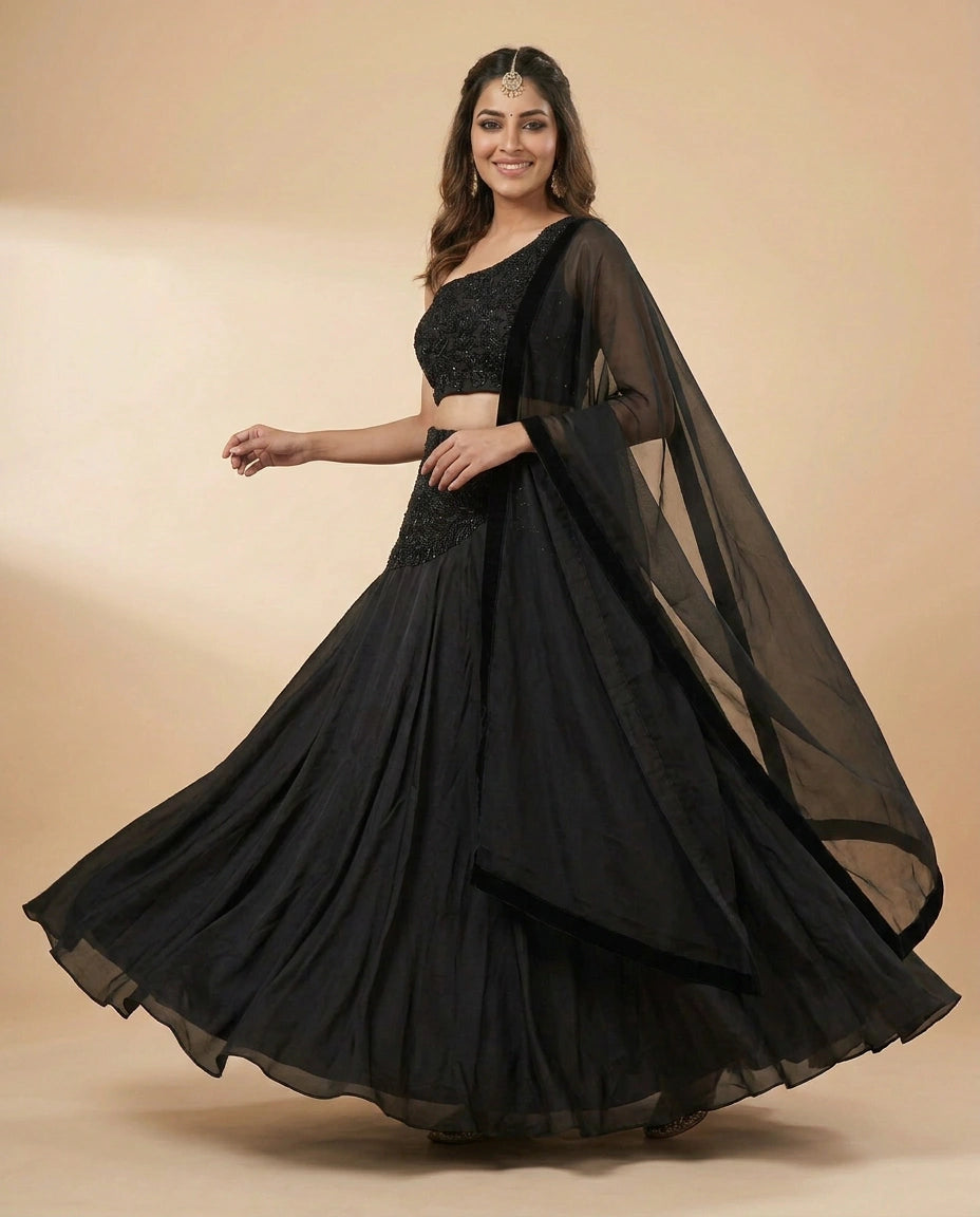 Chinon Croptop Lehenga with Layered Skirt - Rangoli India