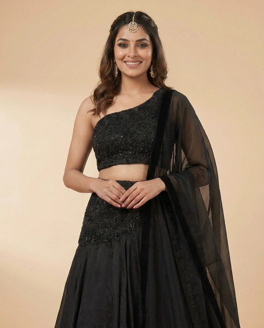 Chinon Croptop Lehenga with Layered Skirt - Rangoli India