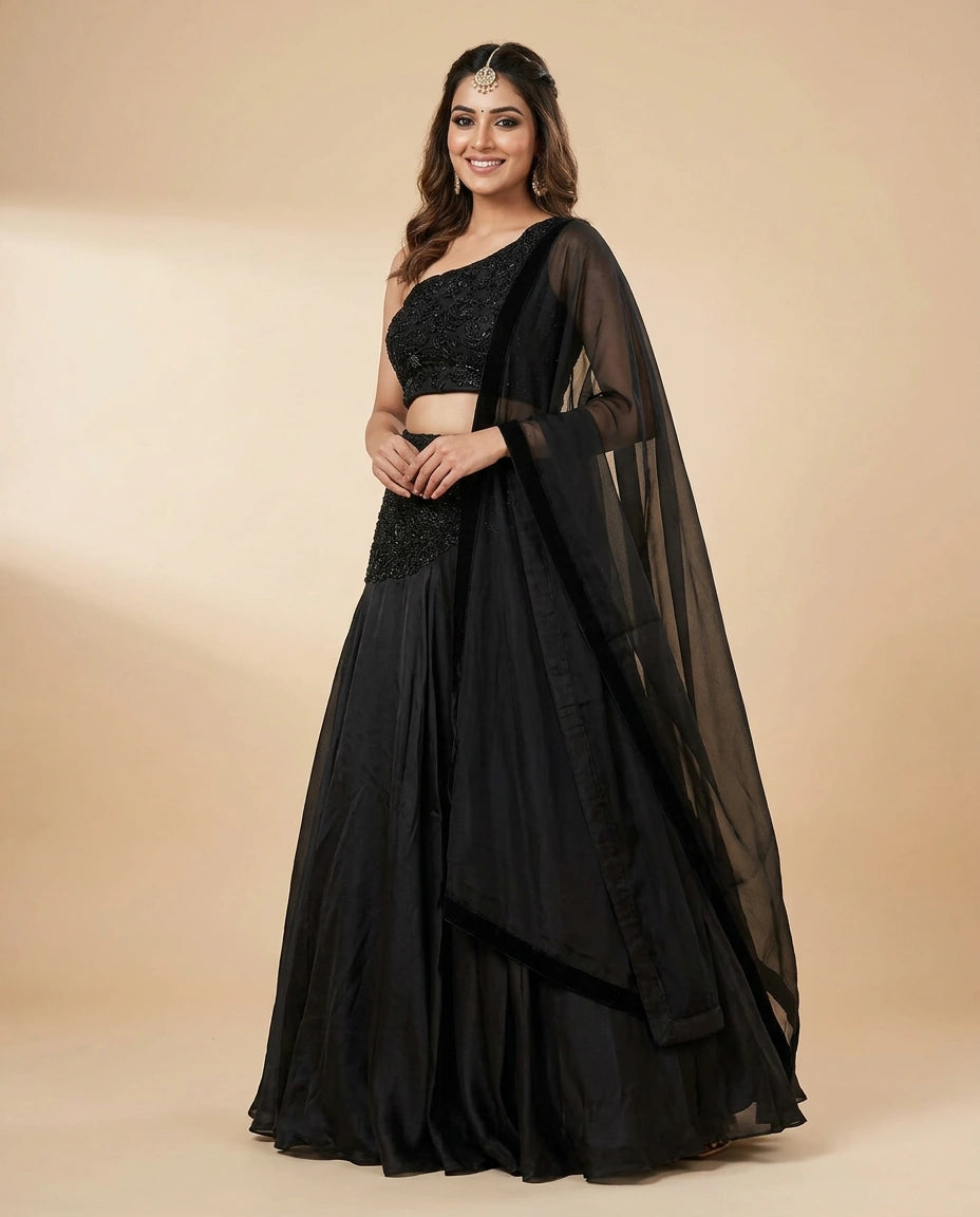 Chinon Croptop Lehenga with Layered Skirt - Rangoli India