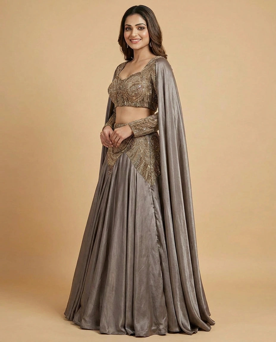 Grey Tissue Croptop Lehenga with Pleated Skirt - Rangoli India