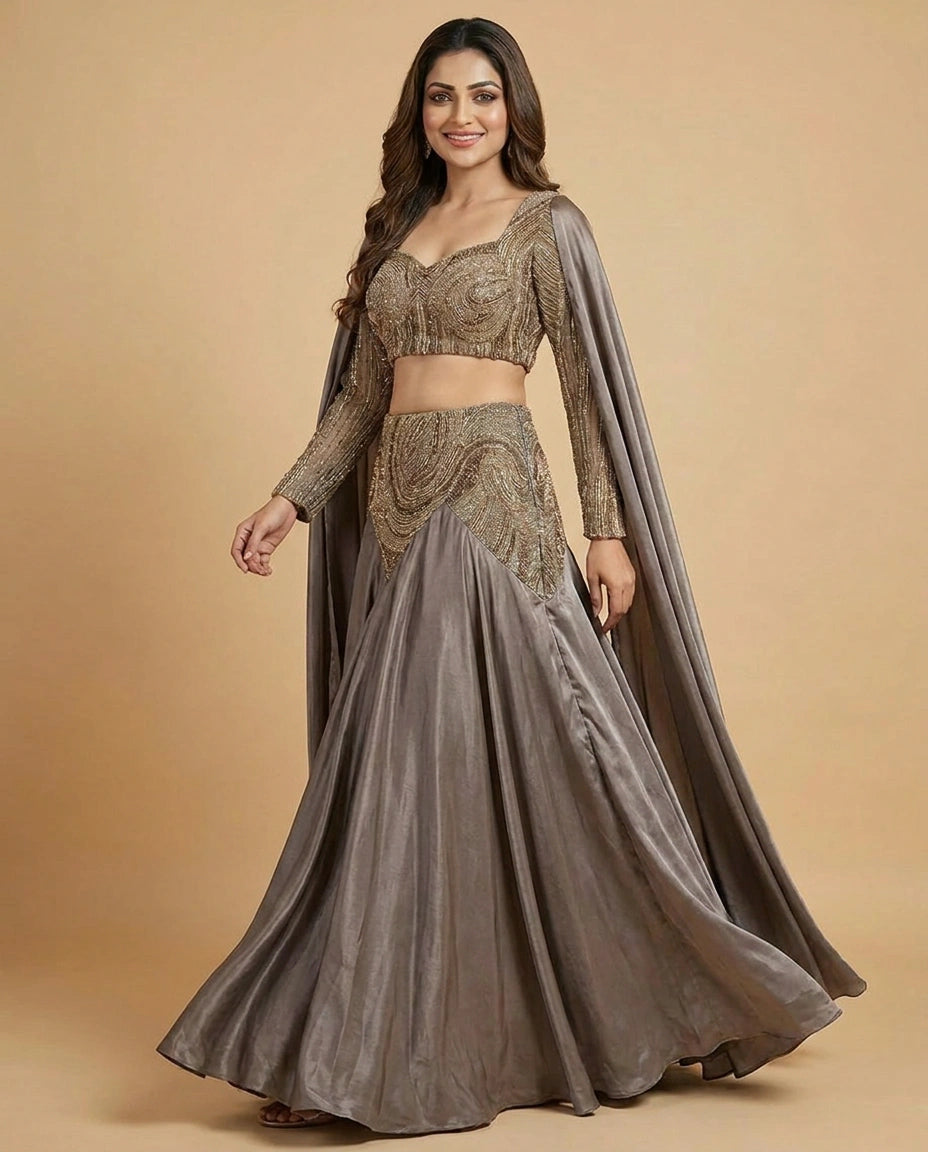 Grey Tissue Croptop Lehenga with Pleated Skirt - Rangoli India