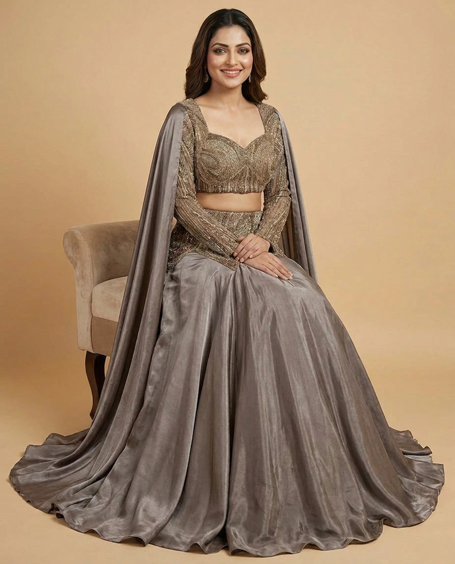 Grey Tissue Croptop Lehenga with Pleated Skirt - Rangoli India