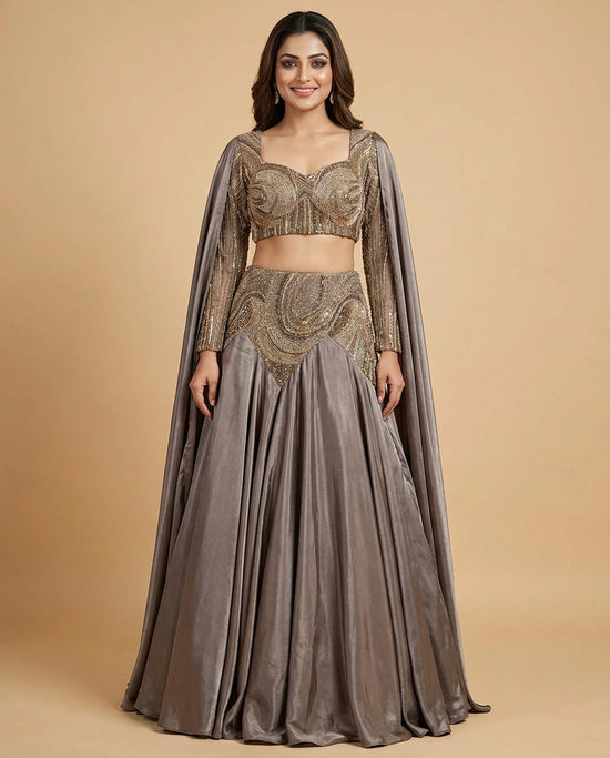 Grey Tissue Croptop Lehenga with Pleated Skirt - Rangoli India
